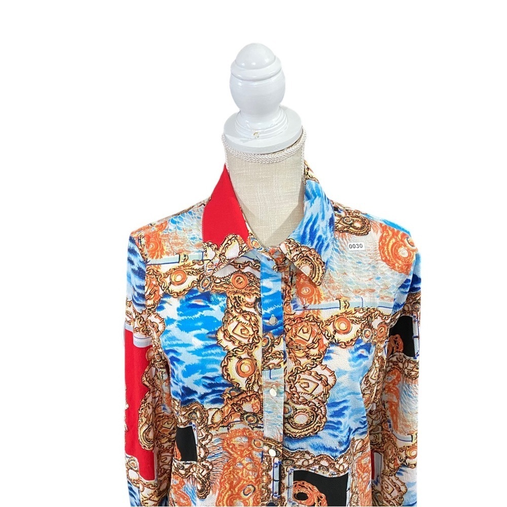 NWOT Christy Co USA Made Nautical Baroque Chain Scarf Print Shirt Coastal Sz S